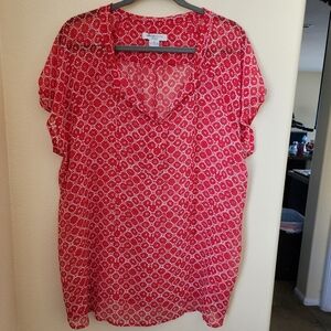 Liz Claiborne Women Red White Boho Sheer Short Sleeve Top Blouse Size 1X Great!